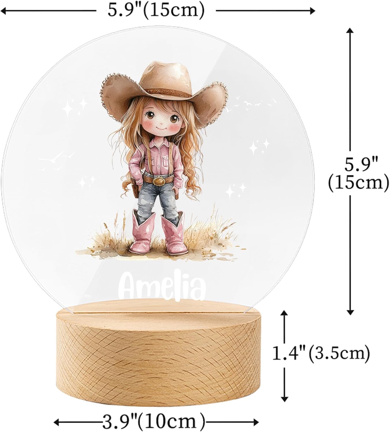 Personalized Night Light with Name, Custom Acrylic Lamp on Beech Base, Room Decor Night Lamp, Birthday Gifts for Kids (Cute Cowgirl)