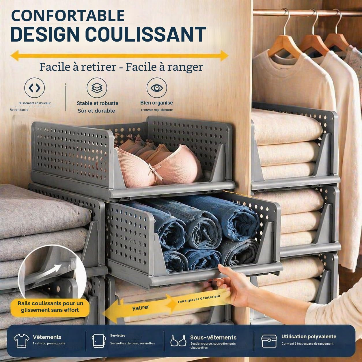 RMAN Rangement Vetement 8 pcs Etagere Rangement Plastique Organisateur Gris | Pliable et Empilable, Tiroir Coulissant, Vetement, Sous Vetement, Chambre, Dressing