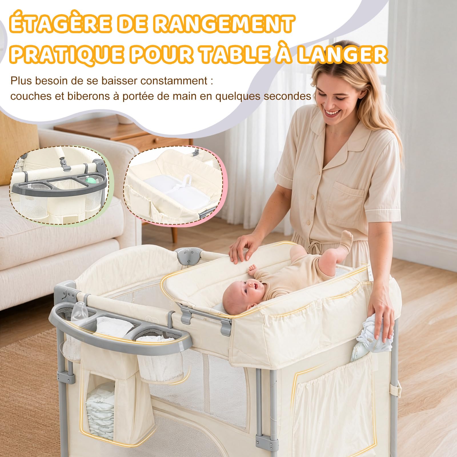 LEADZM Lit Bébé Cododo 5 en 1, Berceau Bébé Pliable avec Table à Langer, Panier de Rangement, Moustiquaire, Jouets Suspendus et Sac de Transport pour Nouveau-né et Jeune Enfant (Blanc Cassé)