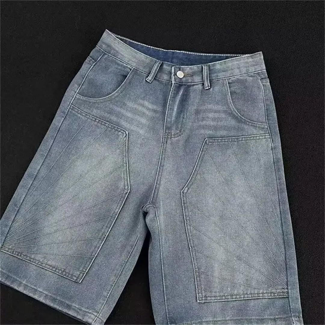Men’S Washed Denim Shorts Straight Leg Button Fly Mid Waist Distressed Casual Jeans