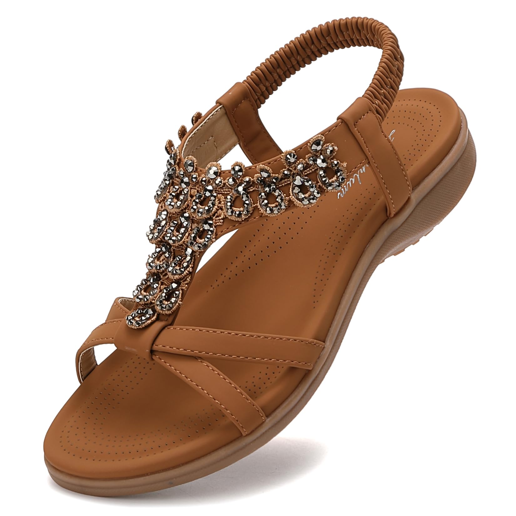 Littleplum Womens Sandals Arch Support Slingback Rhinestone Dressy Sandals Comfort Summer Shoes Ankle Strap Elastic Flats for Beach Walking