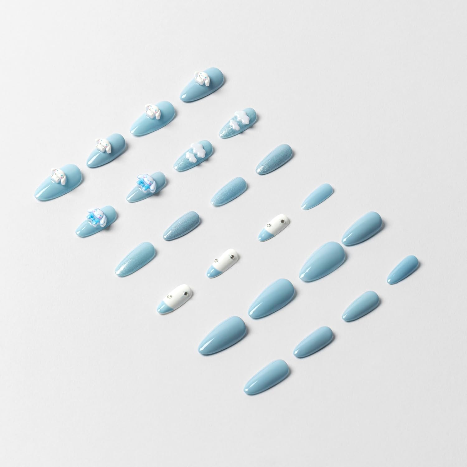 First-Ever 3D Cinnamoroll Full Cover Press-On Nails | Luxury Handmade Sanrio Kawaii False Nails with Charms, Gems & 3D Clouds | Full Kit 24pcs for All Ages + Glue & Tabs