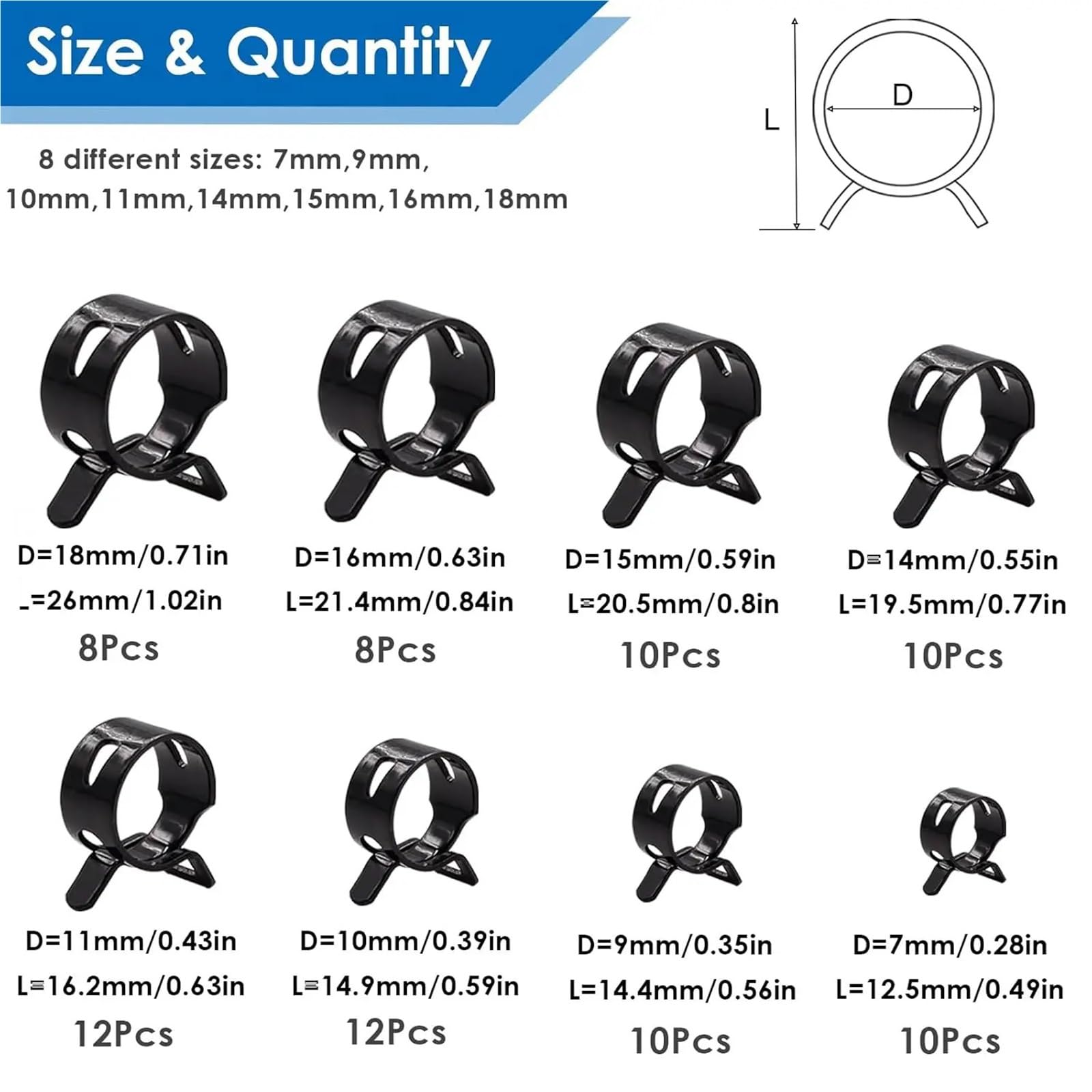 Surtido de 80 abrazaderas de manguera con resorte, de silicona, de 7 a 18 mm, for baja presión (negro)