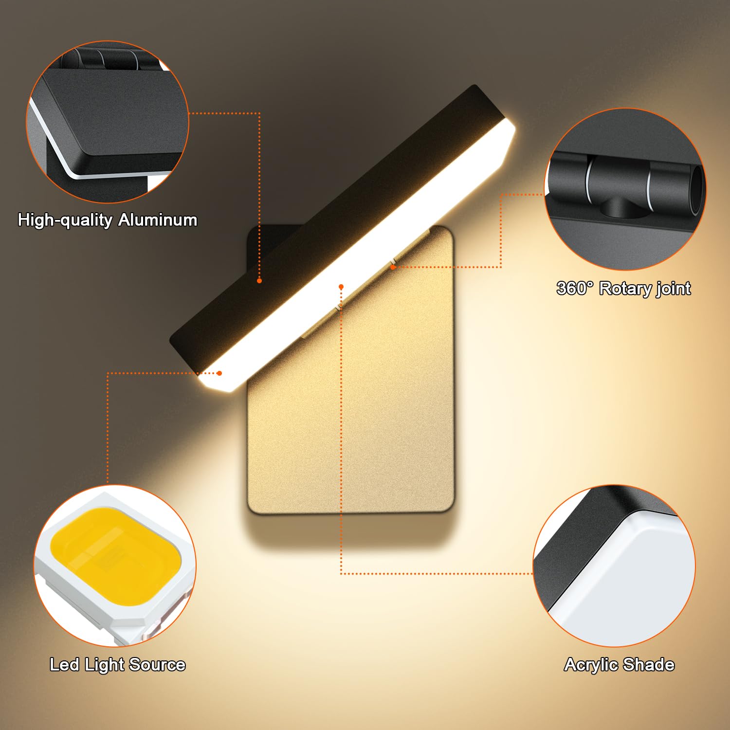 ledmo 60W Applique Da Parete Interno/Esterno 5000 Lumen Faretto LED Da Esterno Con Pannello LED Rotante a 360° 3000K Lampade da Parete Moderno Impermeabile IP65 per Ingresso Terrazza Corridoio