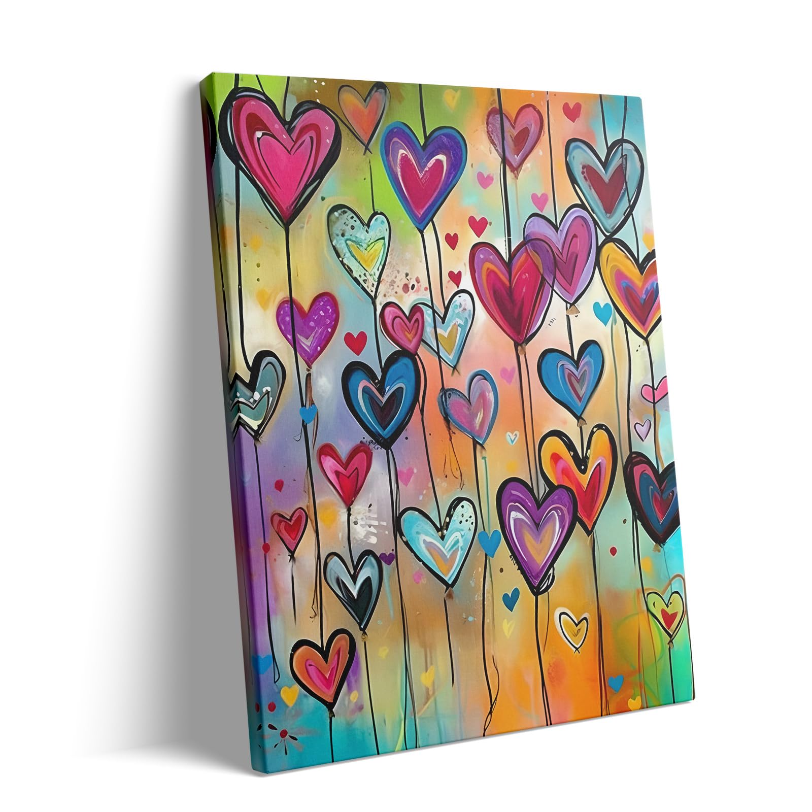 Sunwes Valentine's Day Canvas Wall Art, Colorful Heart Balloon Vintage Pictures Print Romantic Abstract Love-Themed Wall Oil Painting for Valentines Wedding Home Room Gallery Decor 8x10inch