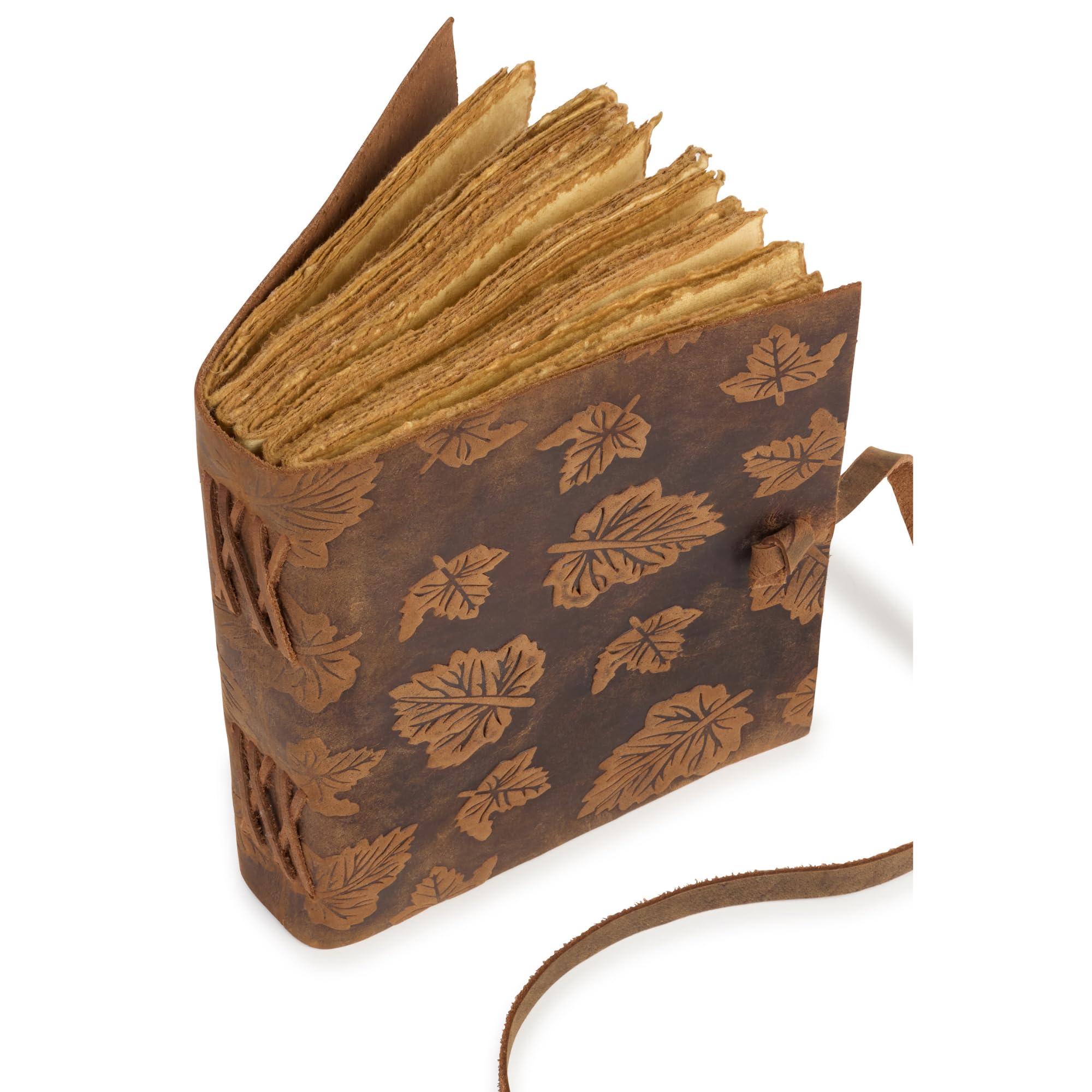 Cuaderno para Viajes de Cuero con Hojas de Acacia y Papel de Algodón Artesanal, Libreta Vintage Elegante ideal para Escribir Notas y Diario Personal 21x16 cm