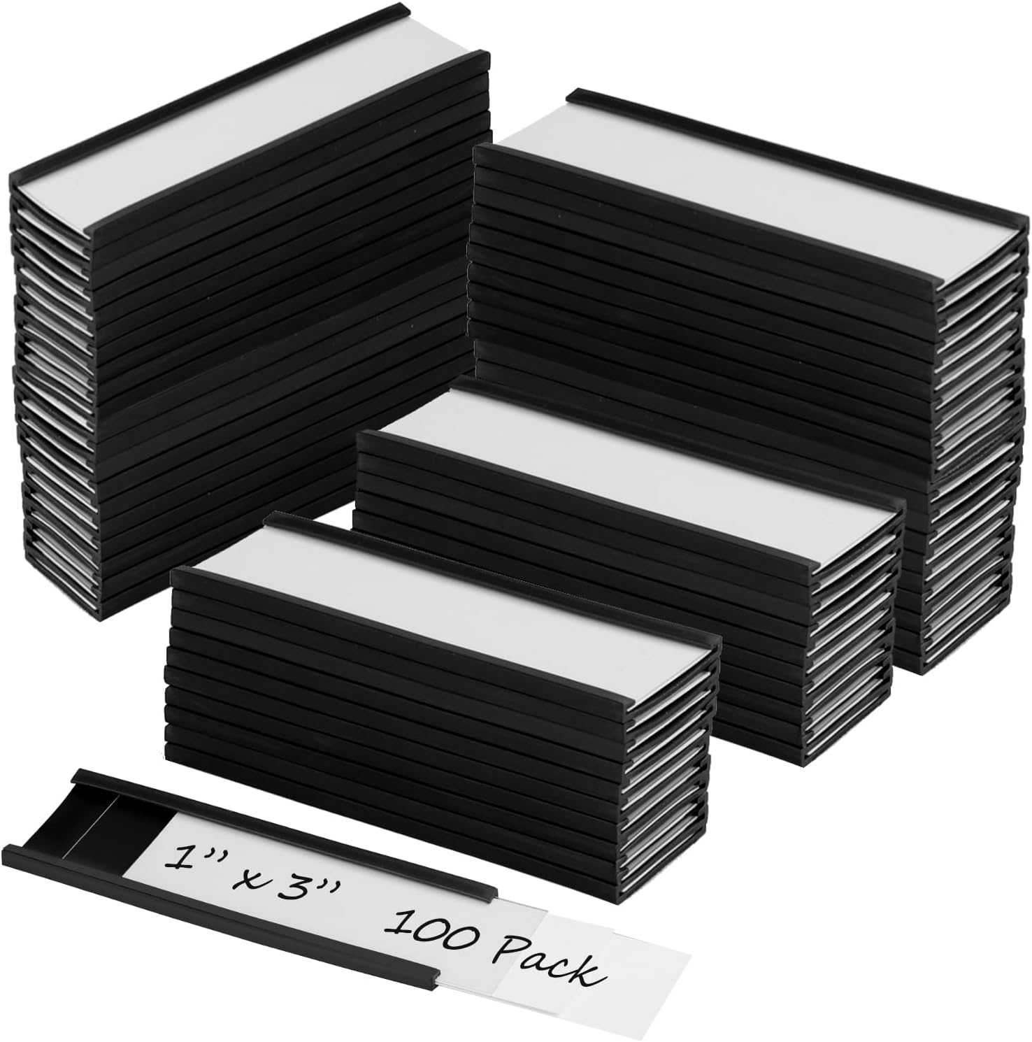 CYEAH 100 Pack Magentic Label Holder, 1x3 inch C Channel Magentic Labels Holder with Paper Inserts and Clear Plastic Protectors, Magnetic Data Card Holders File Cabinet Labels for Metal Racks Shelves