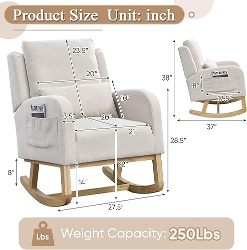 Miniatura 2 de Silla mecedora para guardería, silla basculante con respaldo alto tapizada con respaldo alto con bolsillos laterales, sofá individual moderno de