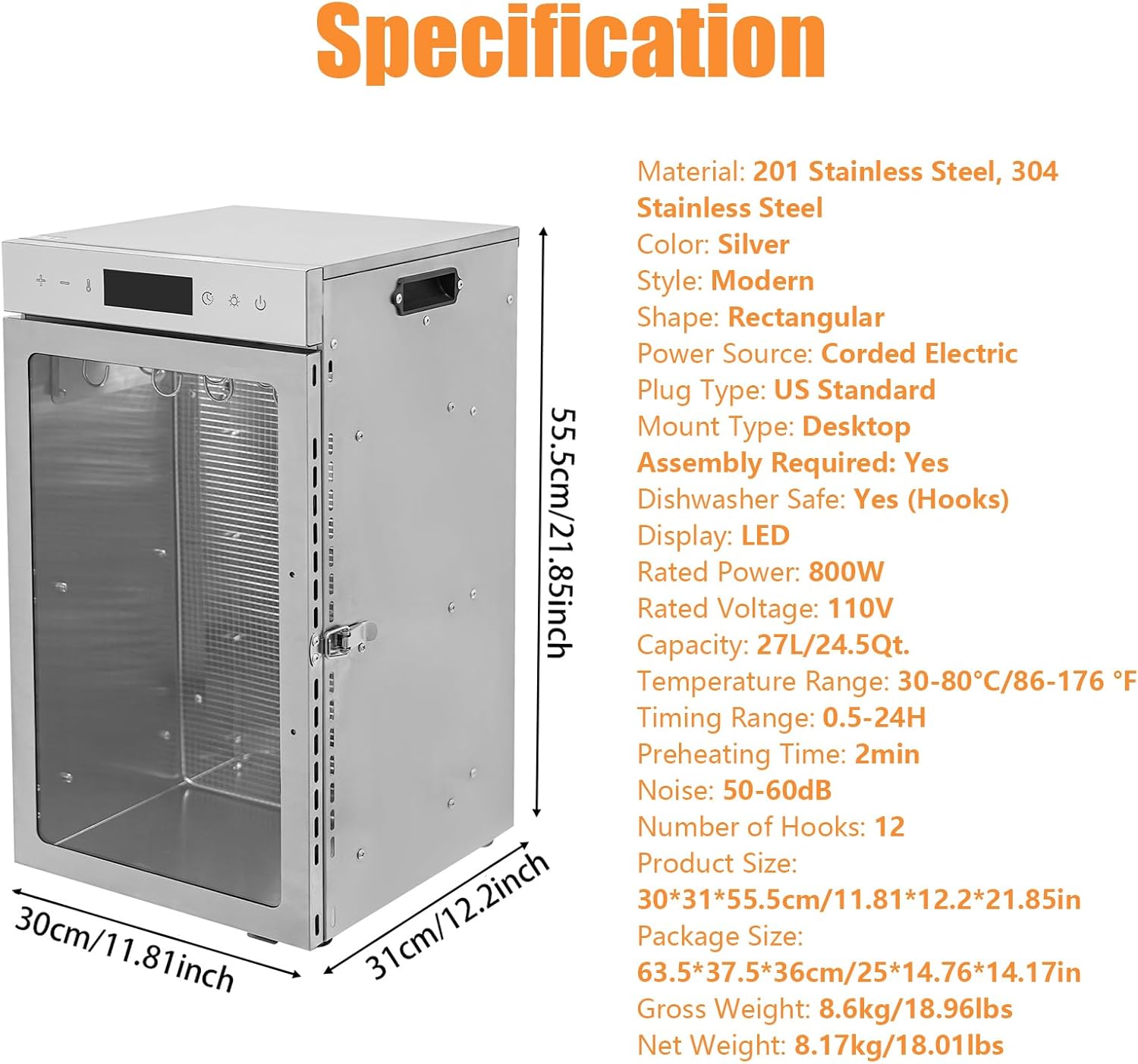 12 Hook Upgraded Commercial Dehydrator, 800W 110V Stainles Steel Small Meat Curing Chamber Box Large Capacity Maker Box Drying Cabinet w/86-176 °F Temperature &Time Control for Meat Vegetable