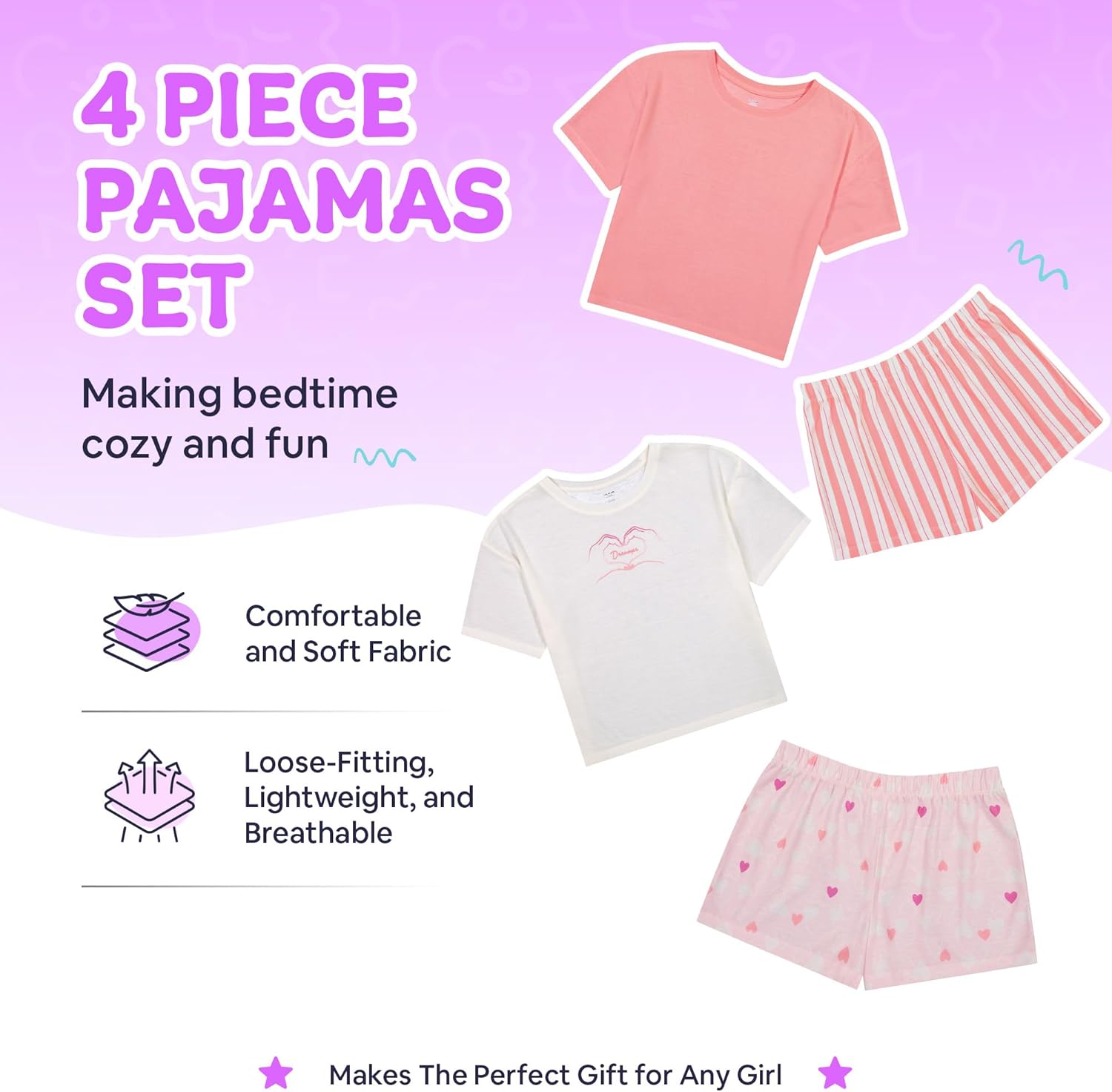 US Angels Girls Pajamas Sets- 4-Piece Cute Short Sleeve & Shorts PJ Set, Pink Girls’ Sleepwear, Kids Pajamas Sizes 5-16 - Image 2