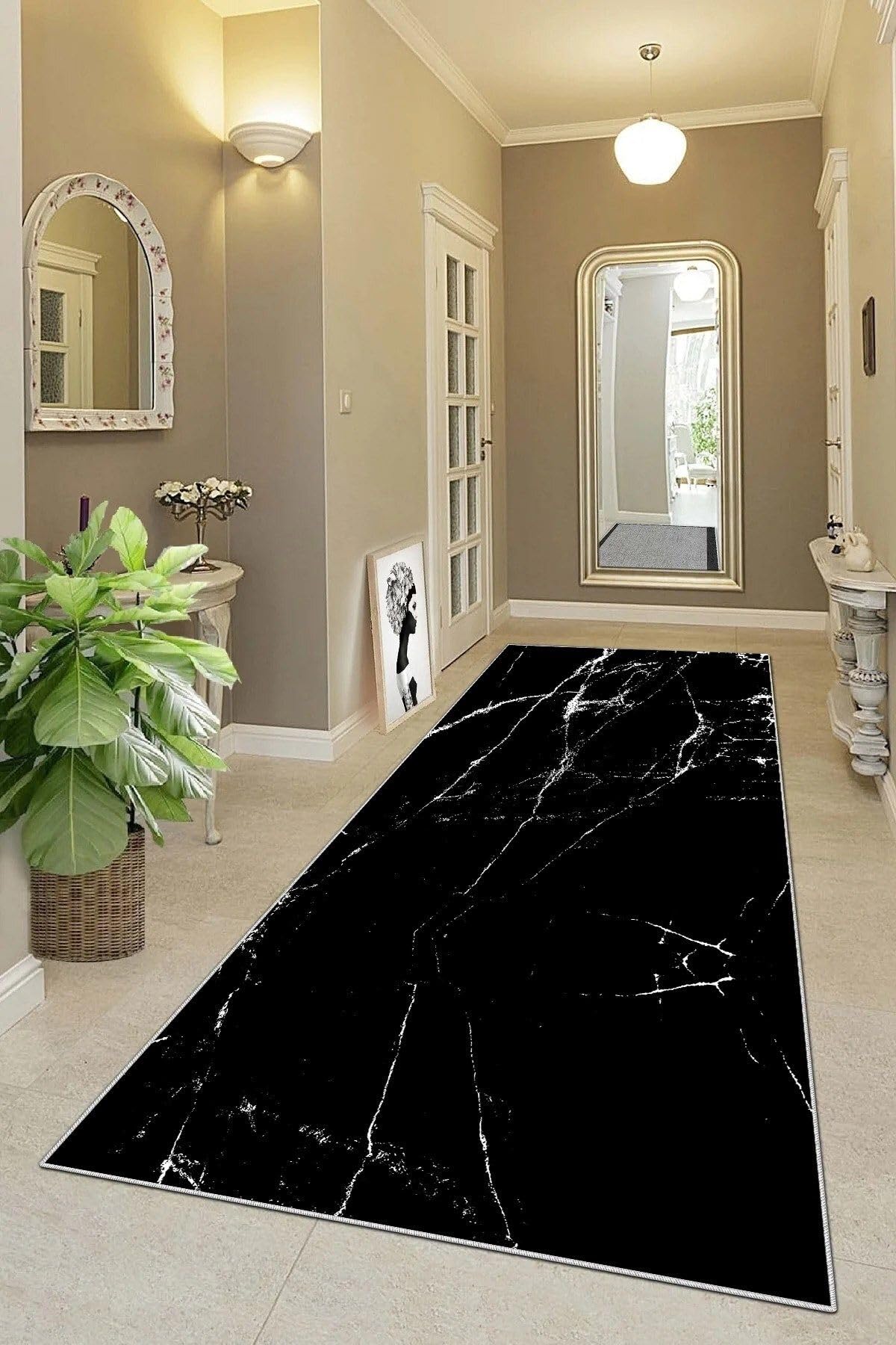 Pelangi Mermer Desenli Dijital Baskı Yıkanabilir Kaymaz Taban Modern Salon Halısı ve Yolluk, Siyah 80 x 600, 9554221806007