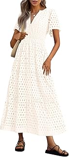 Womens 2025 Summer Maxi Dress Short Sleeve V Neck Hollow Out Eyelet A Line Long Flowy Beach Vacation Dresses - Buy now