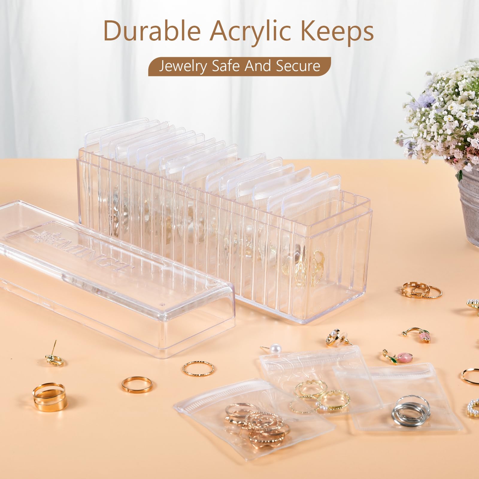 Keshoyal Acrylic Jewelry Organizer, Clear Acrylic Jewelry Box Organizer With 20 Portable Anti Tarnish Jewelry Bags, Clear Earring Storage Organizer For Rings/Necklaces For Women Girls