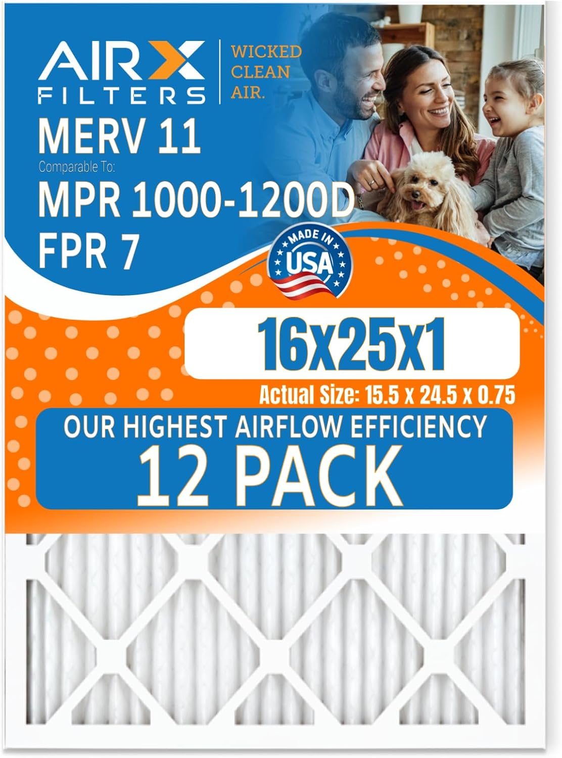 16x25x1 Air Filter MERV 11 Rating, 12 Pack of Furnace Filters Comparable to MPR 1000, MPR 1200, FPR 7, High Efficiency 12 Pack of Furnace Filters Made in USA by AIRX FILTERS WICKED CLEAN AIR.