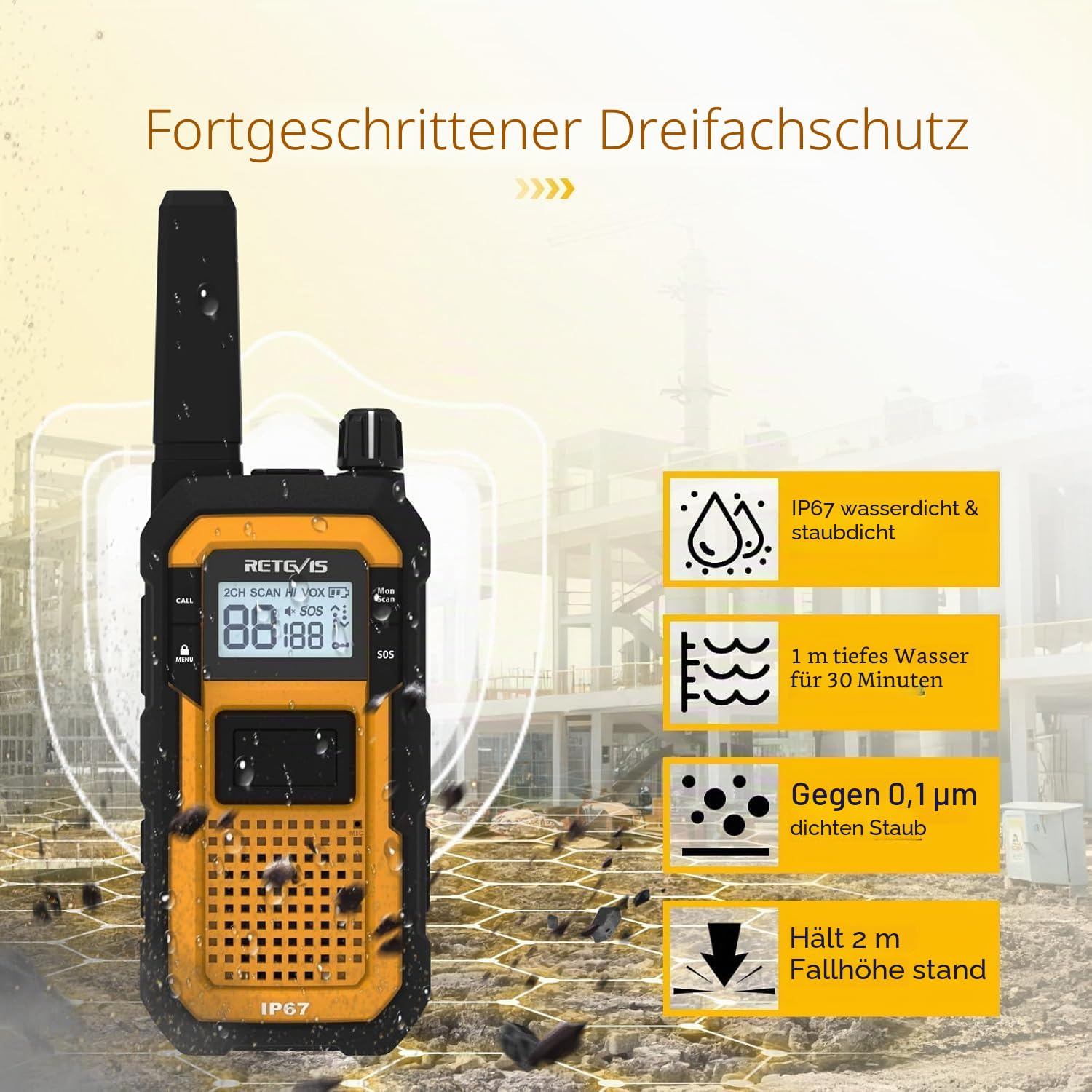 Retevis RB648 Walkie-Talkies mit Mikrofon, Funkgeräte Set Wasserdicht | Erweiterte Triple Proof, Staubdicht,2000 mAh Akku, Notfallalarm, Handfunkgerät für Industrie Baustelle(4er Set, Gelb)
