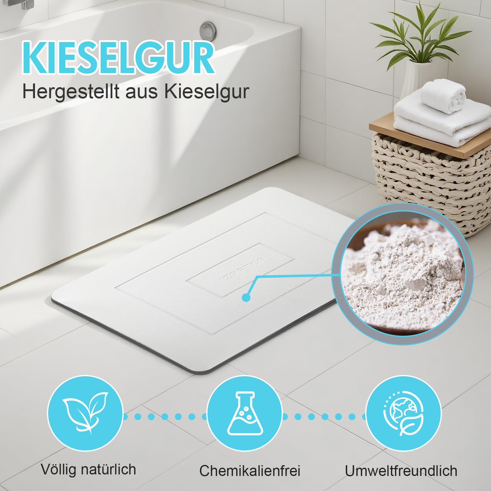 Tappeto bagno diatomite,Tappetino bagno assorbente,Tappetino pietra doccia,tappeto doccia assorbente, tappeto bagno antiscivolo,tappetini bagno 60x39cm (blanco)