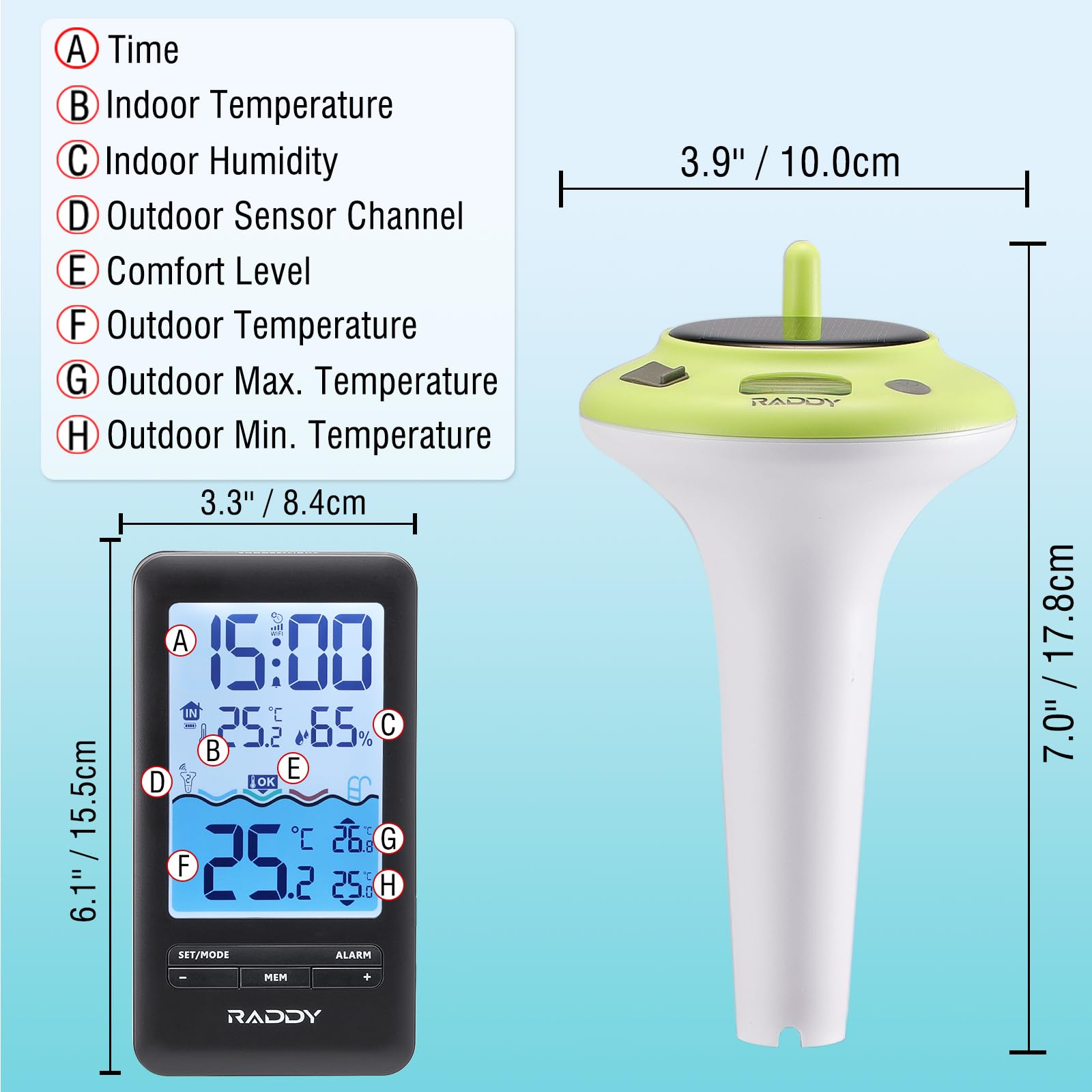 Raddy PT-5 Wi-Fi Termometro per piscina, Console interna, APP monitoraggio remoto tramite, IPX8, ricaricabile tramite energia solare e USB-C, per piscina, vasca idromassaggio, Stagno
