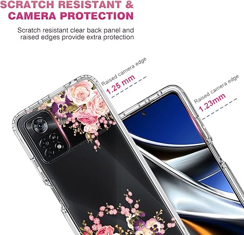Miniatura 9 de Vavies Funda para Poco X4 Pro 5G, 2201116PG Funda con protector de pantalla de vidrio templado, cuerpo completo transparente con diseño floral,
