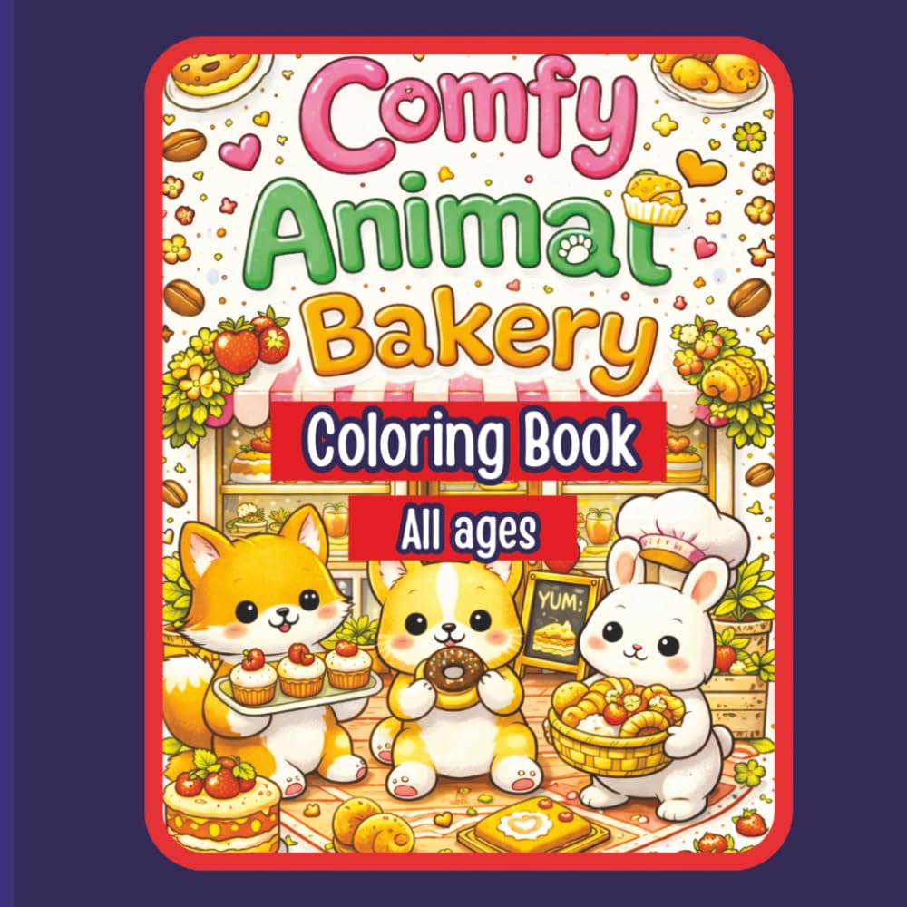 This Coloring book Title is "Comfy Animal Bakery". Stress relieving artwork. Relaxation and creative flow. Great gift idea for kids, teens, adults.