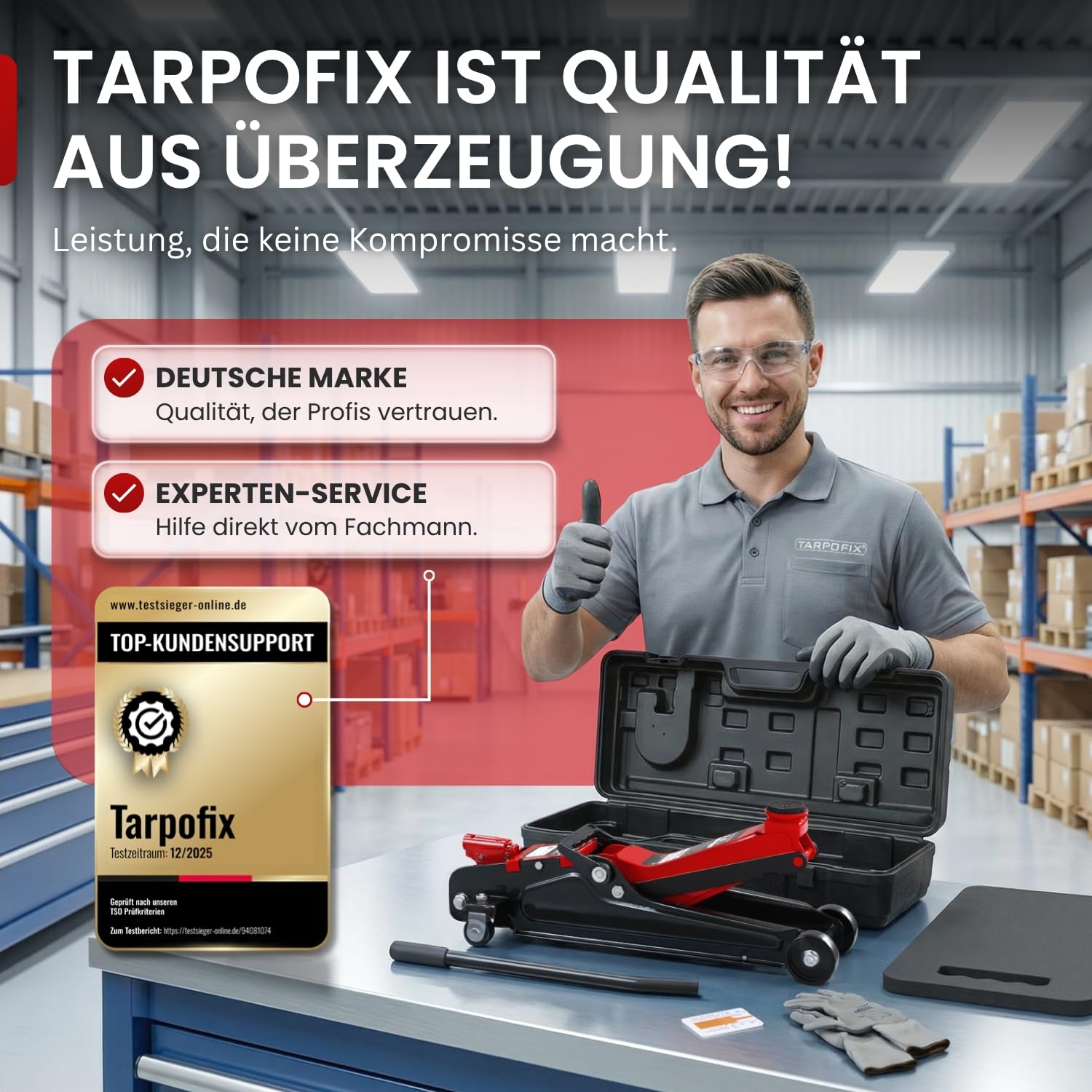 Tarpofix® Wagenheber 2,5t hydraulisch (85-380 mm Hubhöhe) | Premium-Komplettset Rangierwagenheber 2,5t mit Koffer | Hydraulischer Wagenheber flach für SUV & tiefergelegte Autos | Rot