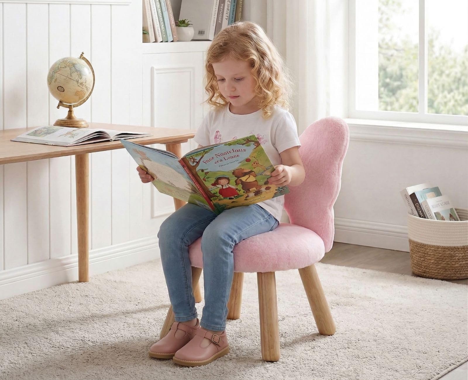 chairus Poltroncina per Bambini con Schienale a Forma di Farfalla Poltrone per Camerette in Pelliccia Sintetica Divanetto Bambini in Legno per Soggiorno/Camerette/Regalo, Rosa