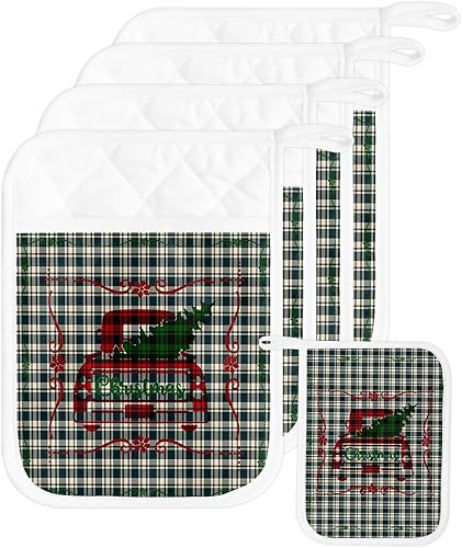 Juego de 5 soportes para ollas de Navidad para cocina, antideslizantes y aislantes de calor, juego de agarraderas de tela de toalla con bolsillo,