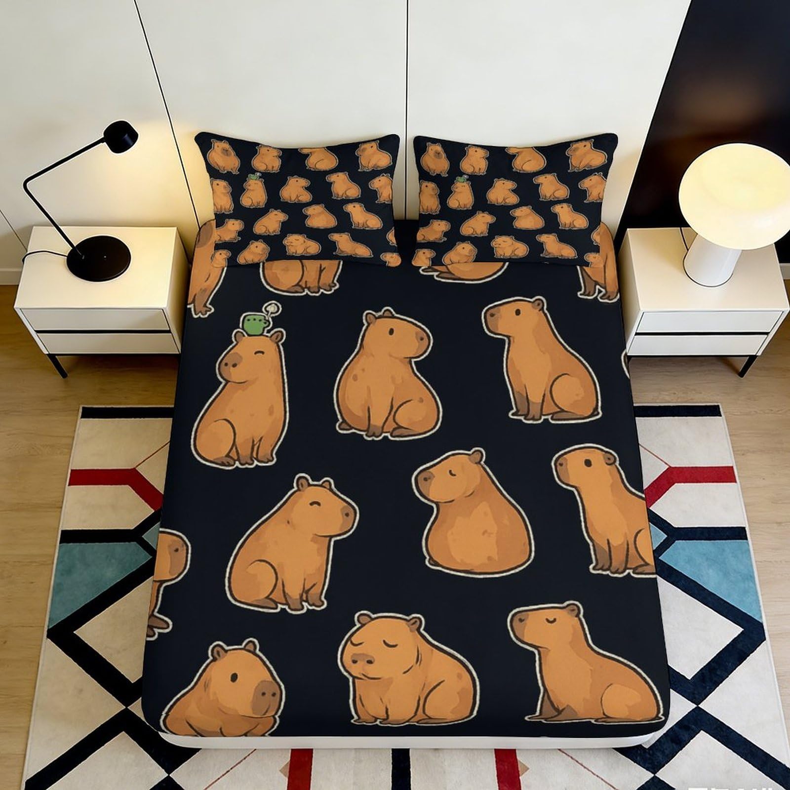 3D Printed Cute Capybara Fitted Sheet Microfiber Soft Durable Cartoon Animal Bed Cover for Bedroom Dormitory Guest Room Mattress Protection 180x200x25cm
