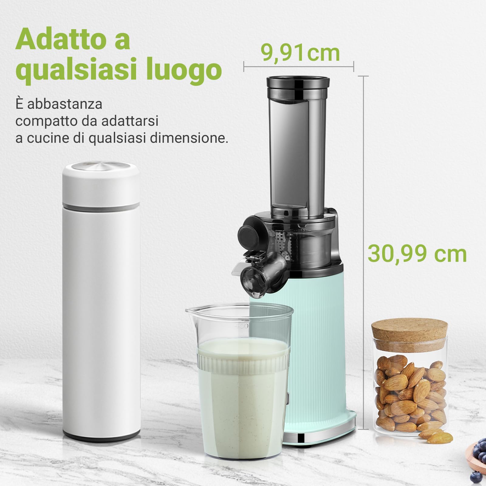 Estrattore frutta e verdura AOBOSI-Mini estrattore con funzione di masticazione inversa -estrattore di succo con spazzola e 2 tazze -150W estrattore a freddo - Spremiagrumi elettrico-Verde.