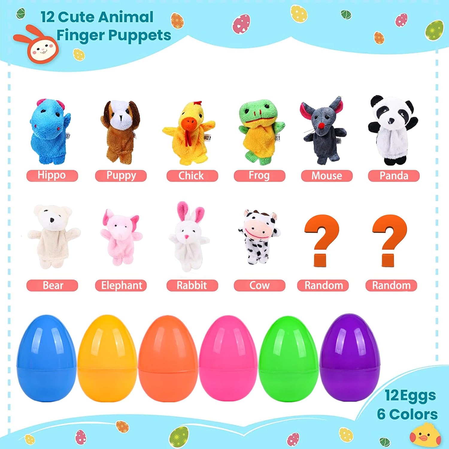 Easter Eggs Filled with Finger Puppets for Toddlers, Easter Basket Stuffers for Boys Girls, Plastic Easter Egg Filler for Kids Pinata Toys, Party Game Prizes, Goodie Bag Fillers, 12 Packs