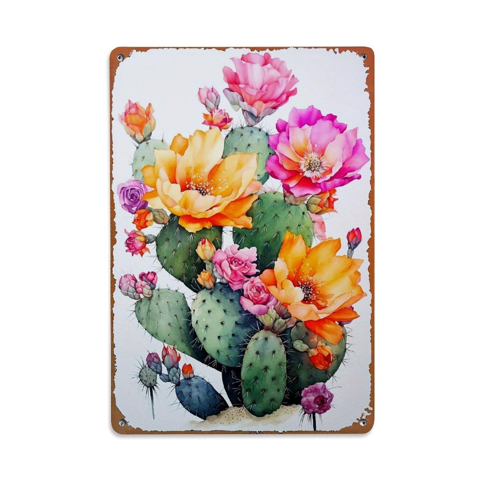 Bliveurn Vintage Cactus With Colorful Flower Blooms Retro Metal Tin Sign, Metal Poster For Home, Gaming Room, Studio Workshop,Bar,Garage Wall Art Decor 8X12 Inch