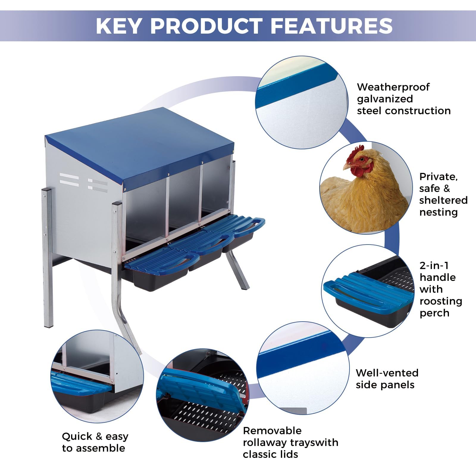 Garvee Nido per Galline Ovaiole in Metallo Zincato, 3 Scomparti con Supporto Indipendente e Vassoio Estraibile, Design Roll-away per Raccolta Uova Pulite, Facile da Pulire, 78x51x51 cm, Blu