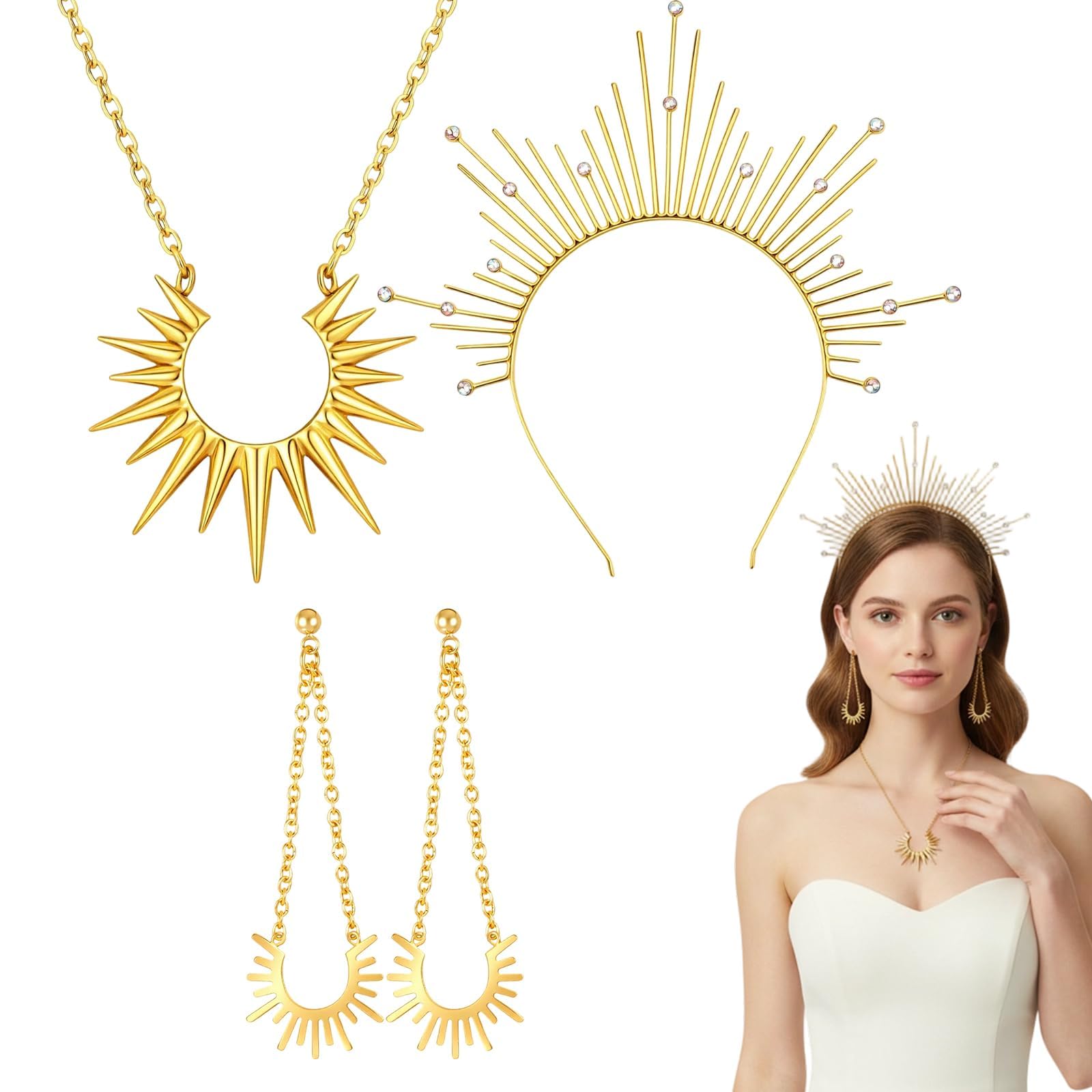 Disfraz de sol para mujer, disfraz de diosa griega con corona dorada y accesorios, perfecto para carnaval y eventos de cosplay, juego de 3 piezas con collar y pendientes de halo