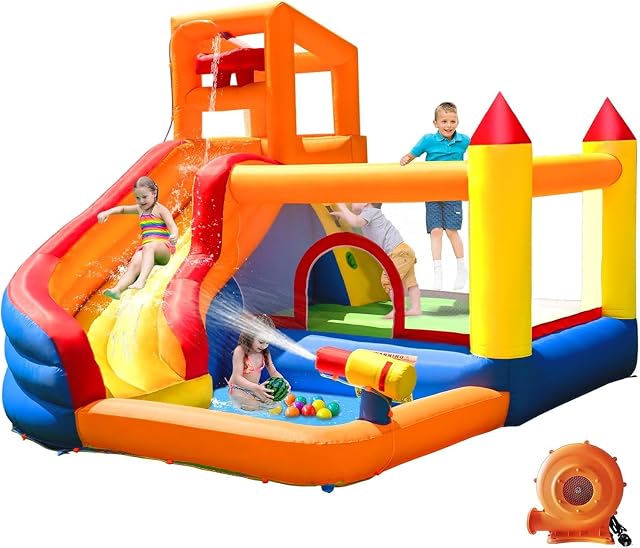 Ballsea Castillo Hinchable Grande con Ventilador, tobogán seco y de Agua, Adecuado para niños de 3 a 10 años