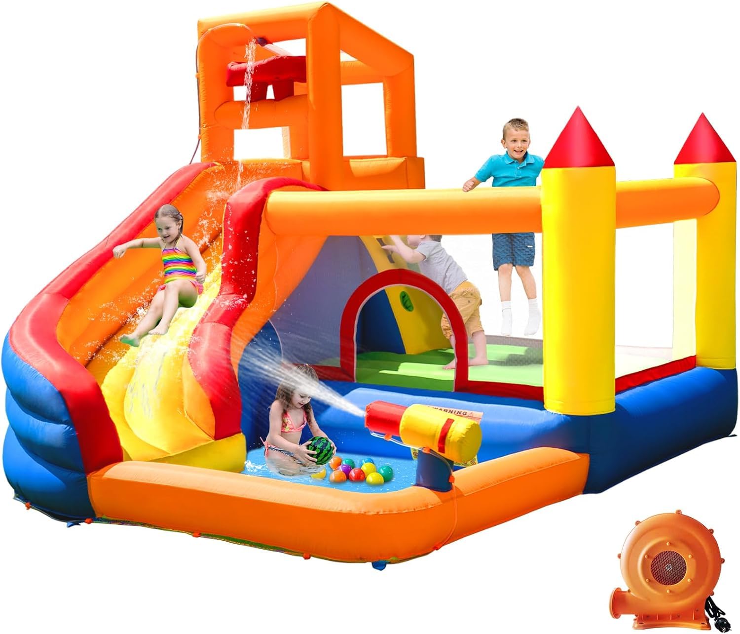 Ballsea Bouncy Castle, Inflatable Trampoline Bounce House with Long Slide, Climbing Wall, Ball Pit, Cannon, Bucket Dump for Kids Indoor Outdoor — image 1