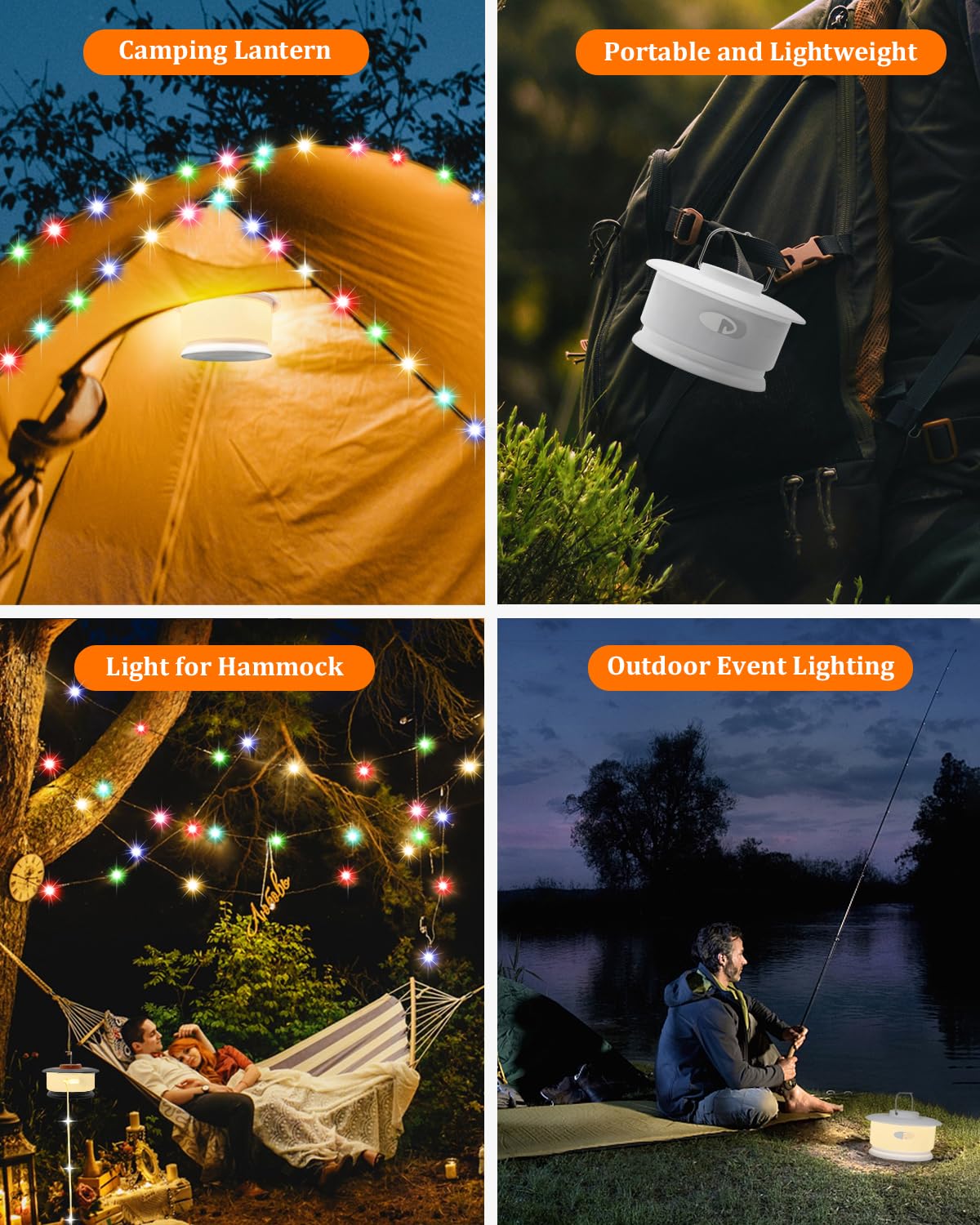 Camping-Lichterkette für den Außenbereich mit Musik-Synchronisation, schnelle Lagerung, LED-Lichterkette mit 7 RGB-Farben und 12 Modi, Zeltlichter, tragbare Camping-Laterne, wasserdicht, Camping-Licht
