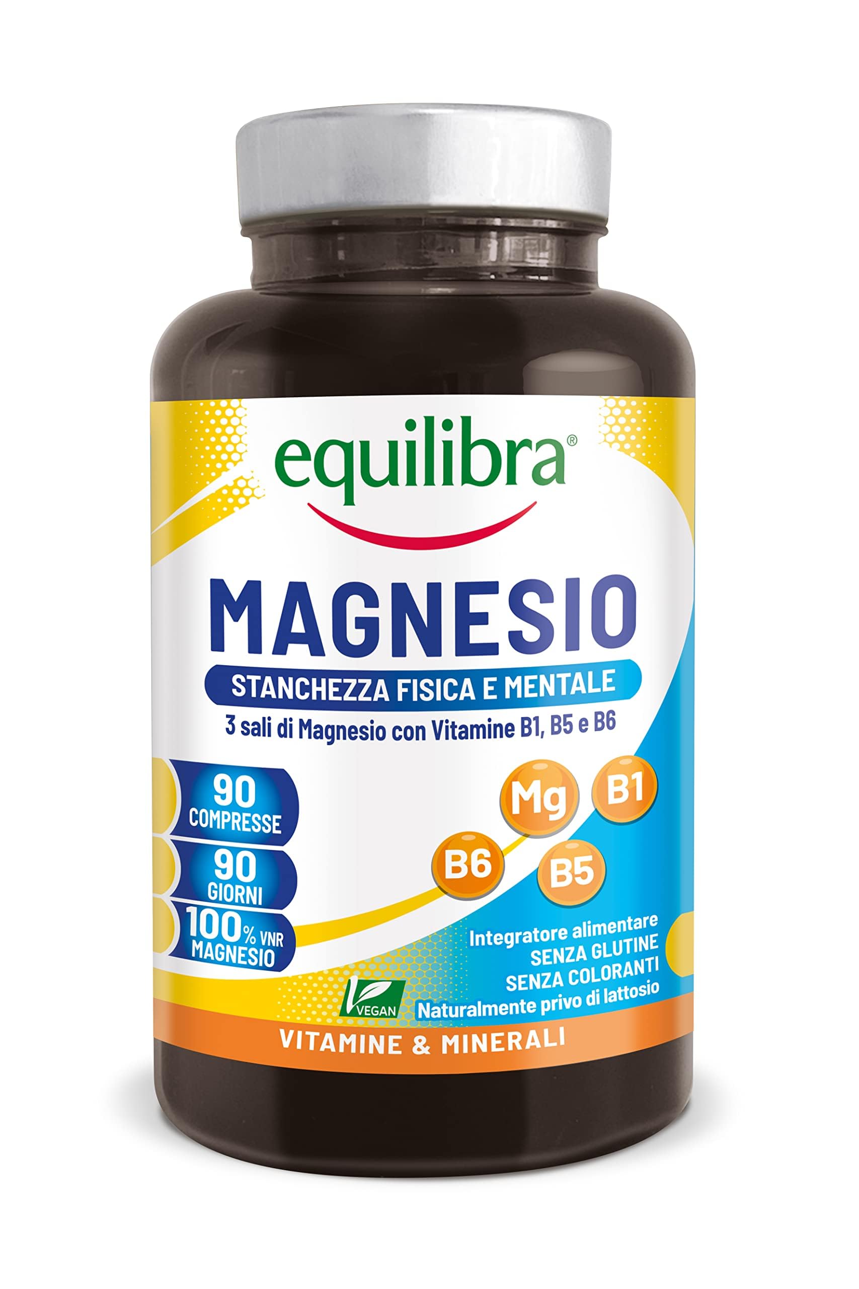 Equilibra Integratori Alimentari, Magnesio, Integratore per la Stanchezza Fisica, Mentale e la Funzione Muscolare, a Base di 3 Sali di Magnesio, Vitamine del Gruppo B, Vegan, Gluten Free, 90 Compresse