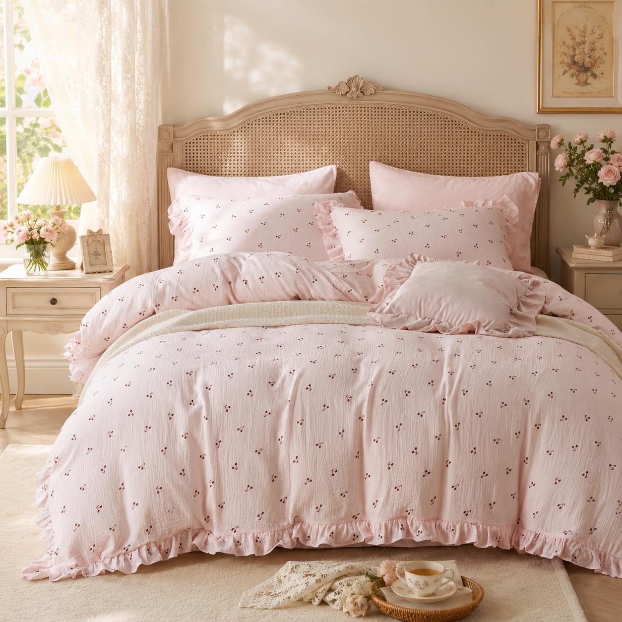 Sedefen Musselin Bettwäsche 220x240 Baumwolle Rosa Kirsche Mädchen Bettwäsche-Set mit Rüschen ÖKO-TEX Bettwäsche Musselin mit Reißverschluss, Bettbezug mit 2 Kissenbezüge 80x80 cm