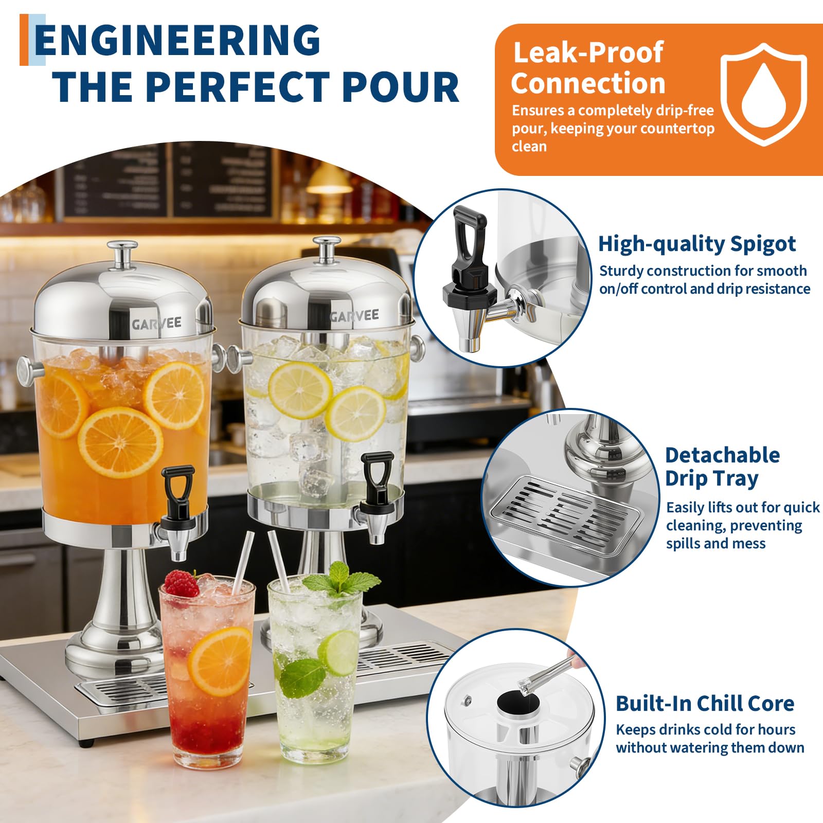 Dispensador de bebidas con núcleo de refrigeración de acero inoxidable, 2 x 8 l, con recipiente transparente de PC y bandeja de goteo, ideal para fiestas, buffet y catering, bebidas calientes y frías
