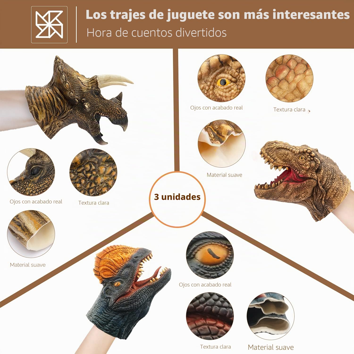 Dinosaurio Marionetas de mano Dino Juguetes de látex Raptor realista Marioneta de cabeza de animal suave juego de juguete de goma T rex Marionetas Tyrannosaurus Dilophosaurus Triceratops Paquete de 3…