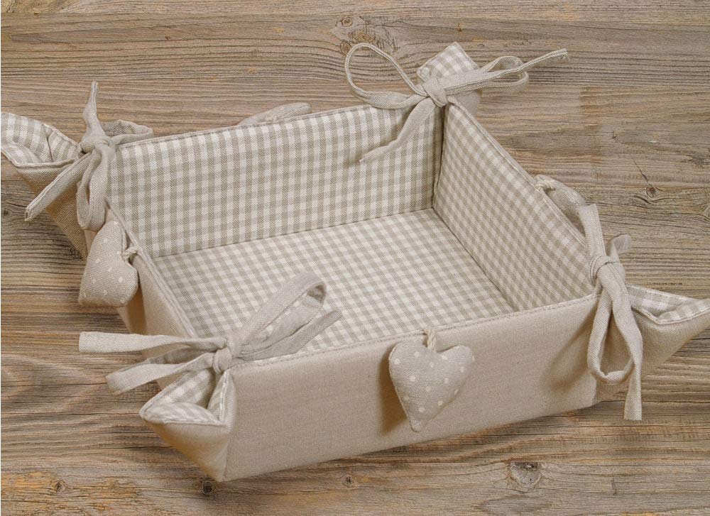 Matches21 Cesto Pane In Tessuto 35x35cm, Rustico Bianco E Grigio Con Ricamo A Cuore, Lavabile - copertina
