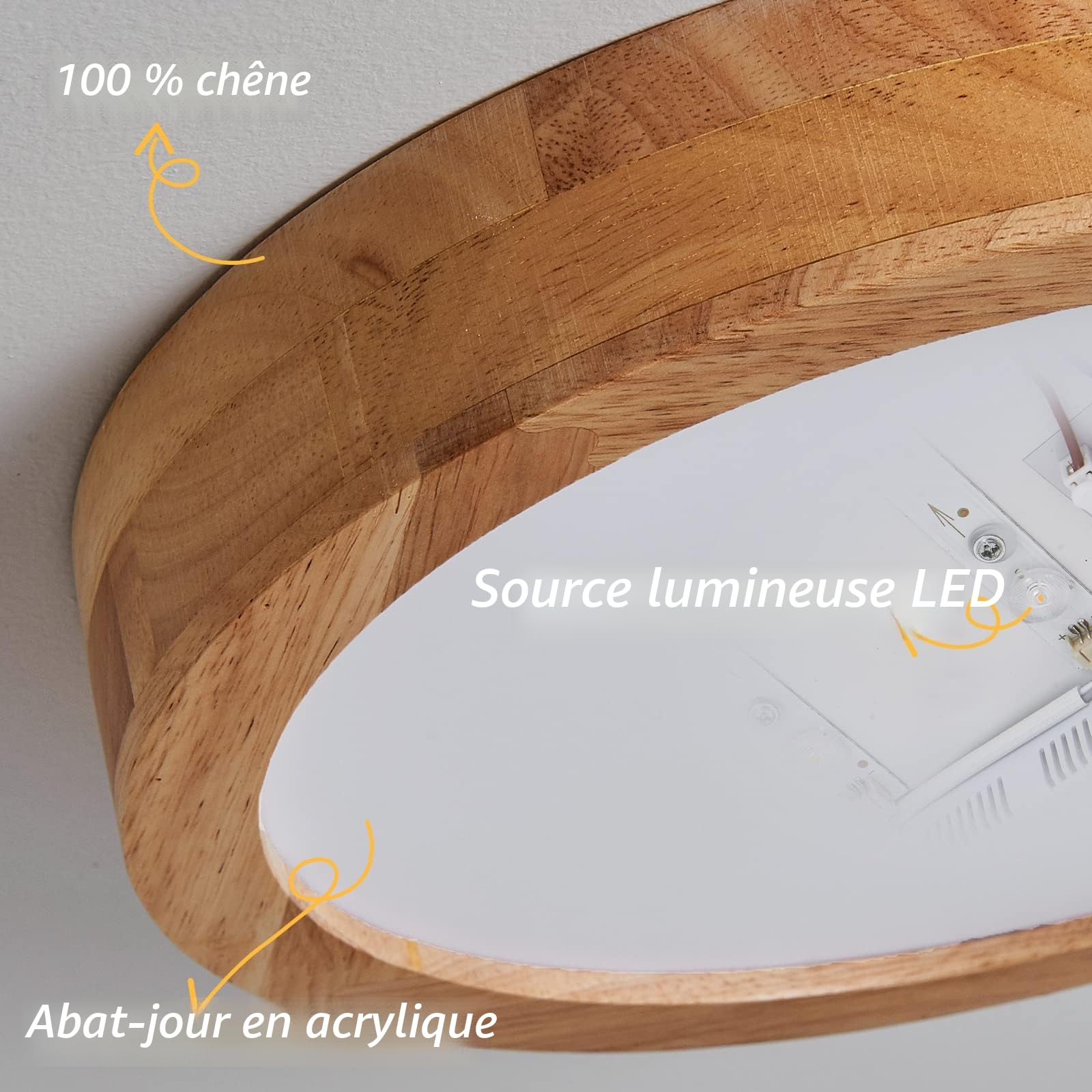 Plafonnier LED en bois, 30CM Rond Plafonnier LED Salon 20W 3000K Blanc Chaud Plafonnier bois Rond Lampe led plafond pour chambre/bureau/cuisine/d'enfant/couloir/balcon