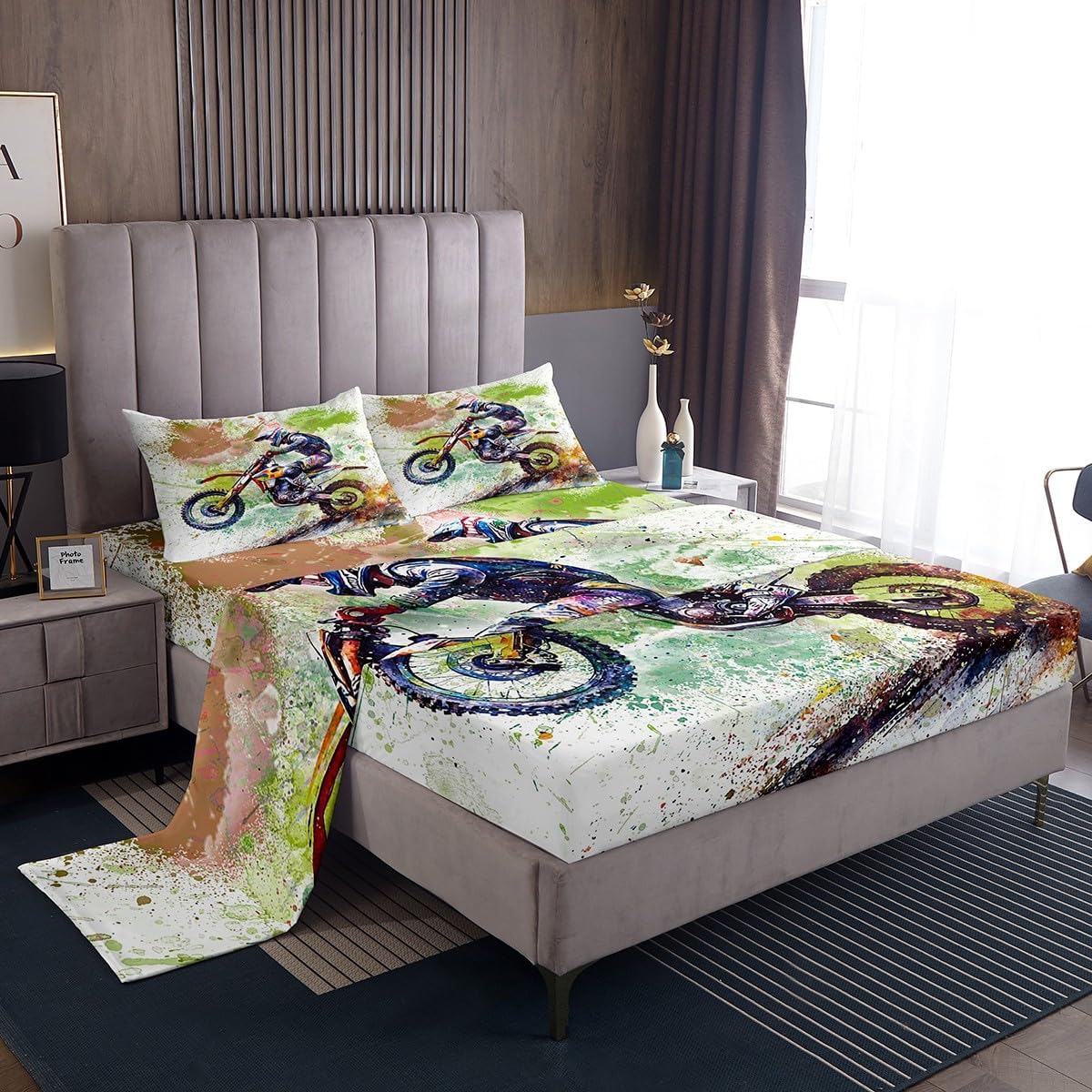 Feelyou Dirt Bike Bed Sheets Set for Kids Boys Girls Queen Size Motocross Rider Sheet Set Ultra Soft Motorcycle Sheets with Deep Pocket Fitted Sheet Tire Mark Prints Room Decor Motorbike