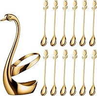 Vista 2 de Juego de Soporte para Cucharas de Café Pequeñas Dorado, Base de Cisne con Juego de 12 Cucharas Demitasse para Espresso, Cuchara de Postre Mini