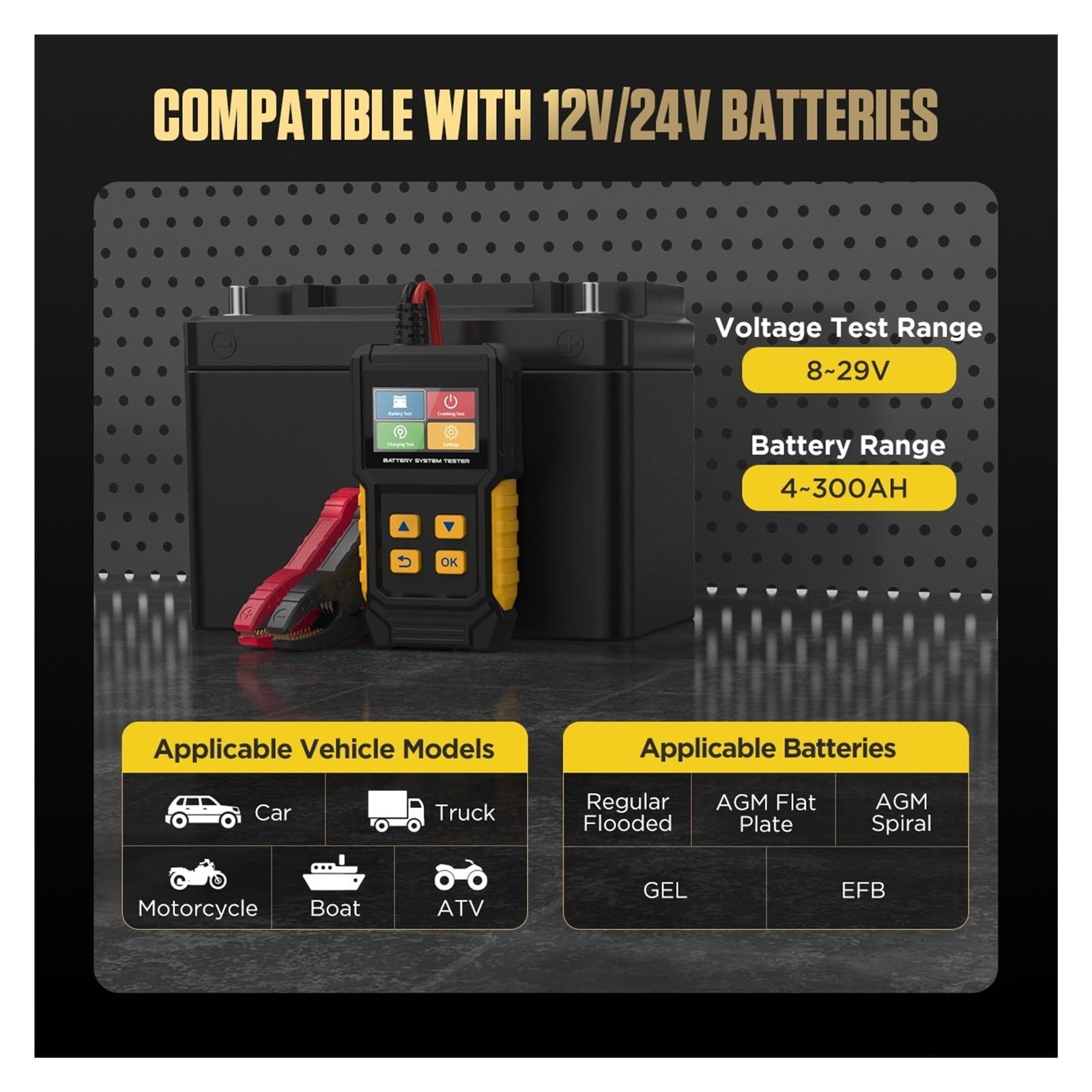 Tester Baterii, BT360 8-29V Tester akumulatora samochodowego 2,8-calowy kolorowy wyświetlacz Analizator akumulatora pojazdu elektrycznego 30-2000CCA Narzędzie do ładowania rozruchowego