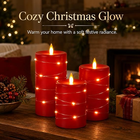 Upinmz Red Real Wax Flameless LED Candles, Fairy Lights, Remote, Set of 3