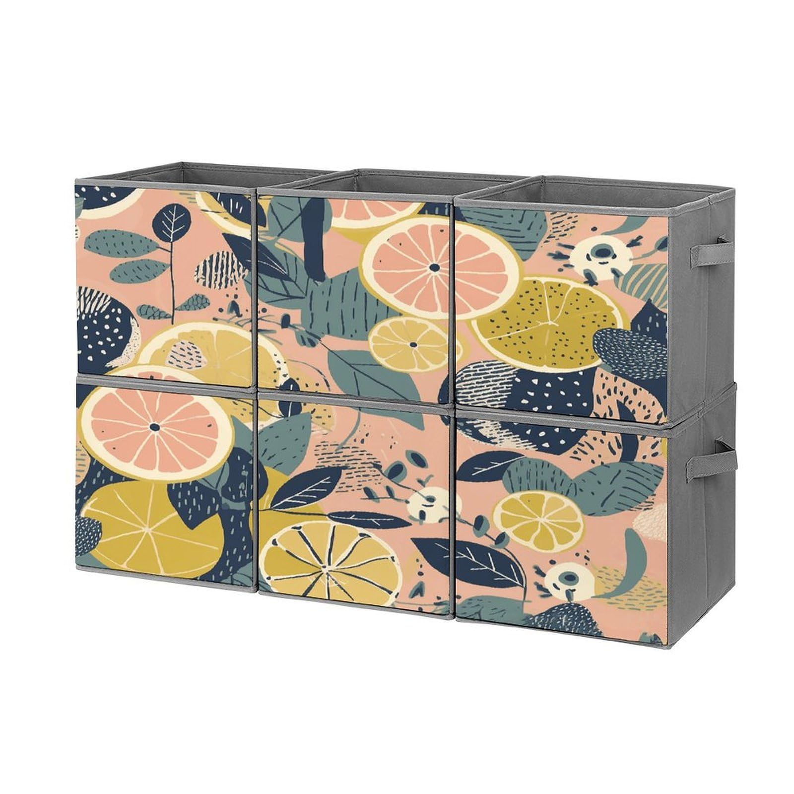 Fekiloot Style Fruit And Leaves Pattern Storage Bin For Foldable And Handles,Closet Organizer Of 6-Pack Stackable,Storage Box For Living,Room, Office,Bedroom,Closet
