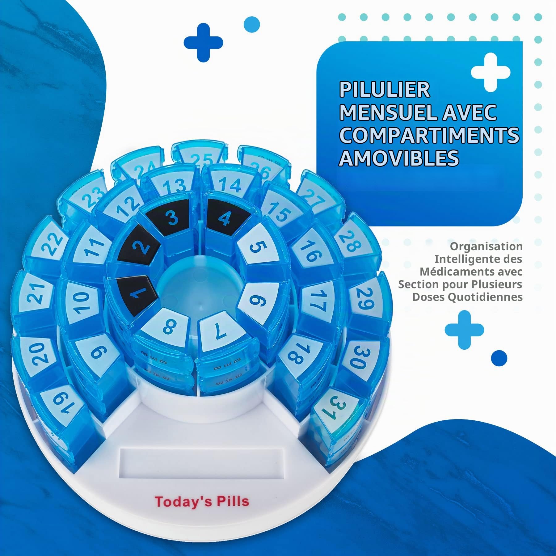 Boîte Mensuelle de Pilules par MEDCA - Organisation Intelligente de Prescription avec la Section Quotidienne de Doses Multiples, Compartiments Amovibles Parfaits pour Voyager