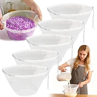 5-Pack Cheese Cloth Bags for Straining, Bowl-shaped Reusable Cheesecloth Alternative with Drawstring, Nylon Fine Mesh Strainer for Dumpling Fillings, Nut Milk & Soy Milk, Yogurt (Medium)