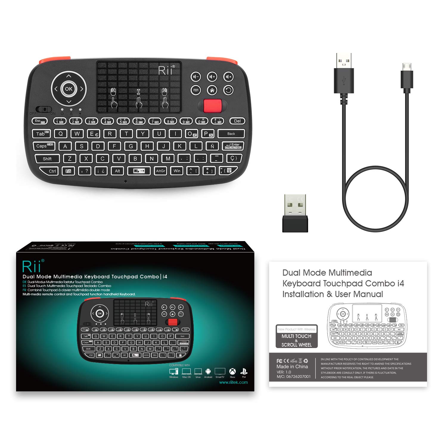 Rii i4 Mini Bluetooth Teclado inalámbrico retroiluminado, 2 en 1 (Bluetooth & Wireless 2.4 GHz), QWERTY español, para iOS, Android,Windows