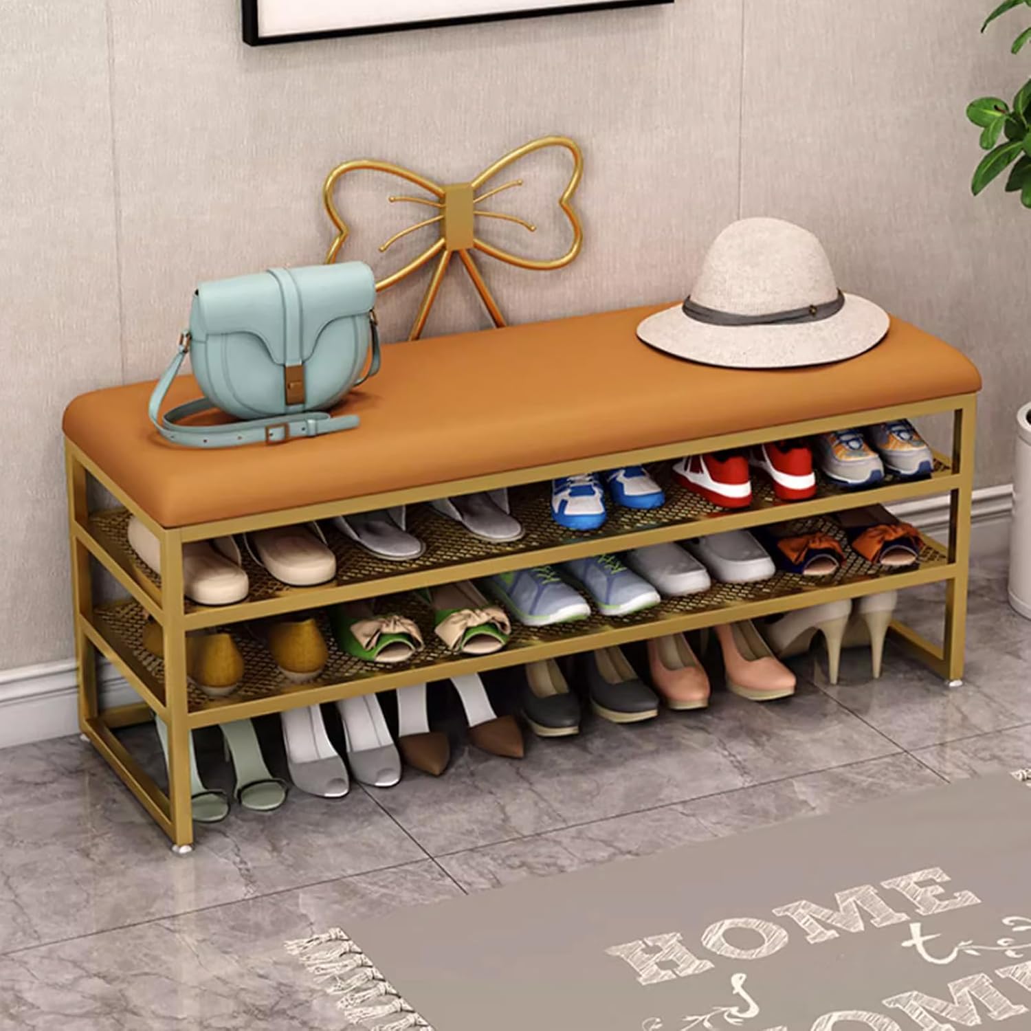 Metal Shoe Rack Bench for Entryway, 3-Tier Shoe with Cushion, Stylish Shoe Stool Storage for Bedroom, Living Room & Hallway